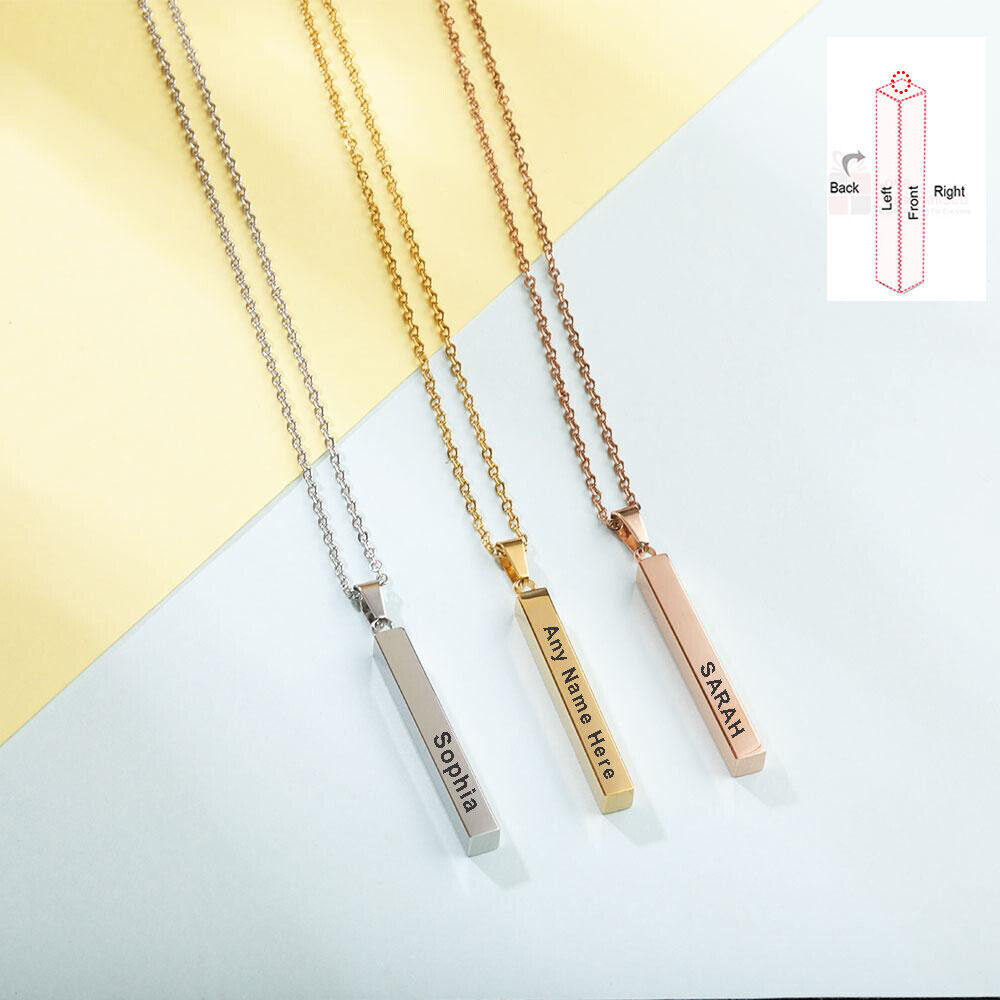 Personalised Name Bar Necklace Custom Engraved Jewellery Gift Stainless Steel UK
